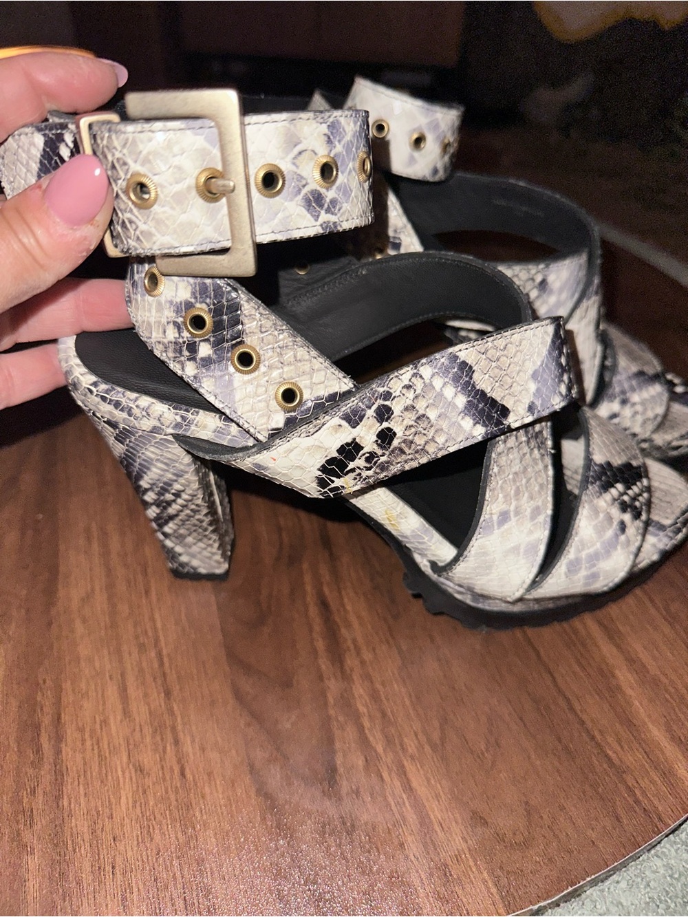 AllSaints Snake-Print Strappy Heels in Cream and Gray